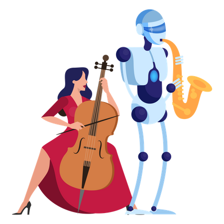 Robot saxophonist play music with woman together  Illustration