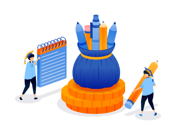 Sacks filled with pencils pens and money stacks show the weight of student loan burden. Can be used for book cover, banner, website, web, educational brochure and scholarship ads  Illustration