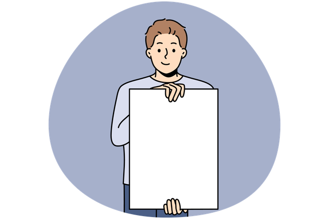 Smiling man hold white empty poster for advertising copy space  Illustration