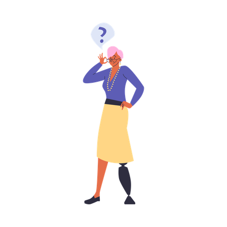 Smiling woman with artificial leg while with question emotion  Illustration