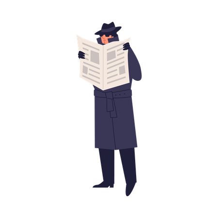 Special secret agent wearing dark cloak and sunglasses spying under cover of newspaper  Illustration
