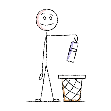 Stick man putting waste in dustbin  Illustration