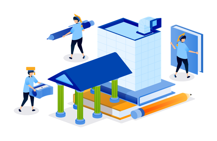 Students standing near university building  Illustration