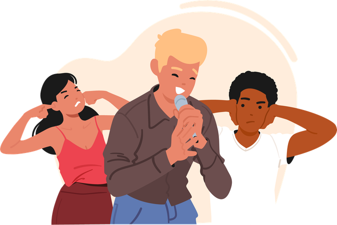 Teenage boy singer performing false singing and stressed unhappy friends covering ears to protect  Illustration