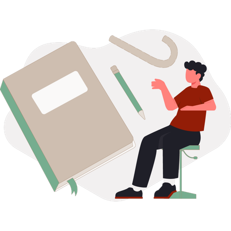 The boy is sitting on chair pointing learning book  Illustration