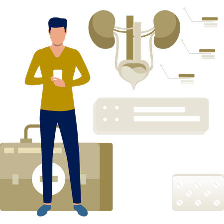 The boy is using mobile standing near medical report  Illustration