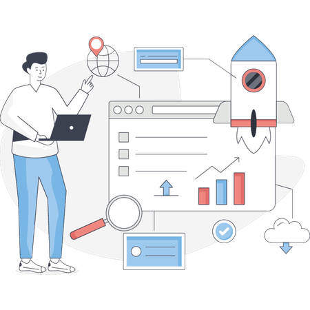 The boy is works about SEO startup  Illustration