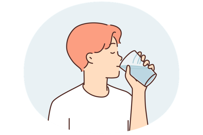 Thirst man drinking water from transparent glass while wanting to refresh himself after walking Illustration