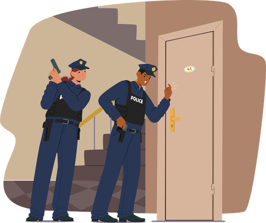 Two Police Officers Prepare To Enter Residence  Illustration