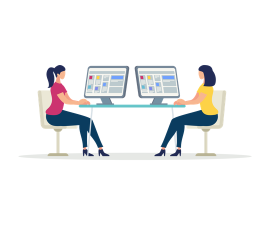 Two Young Women Working on Computers  Illustration