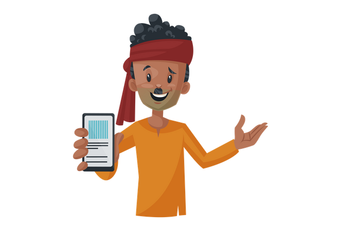 Vegetable seller showing mobile phone  Illustration