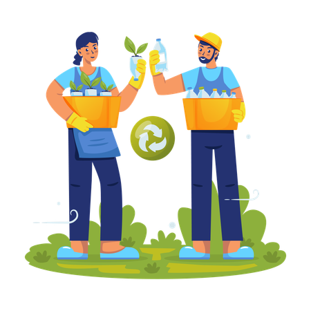 Volunteers Reusing bottle for potted plant  Illustration