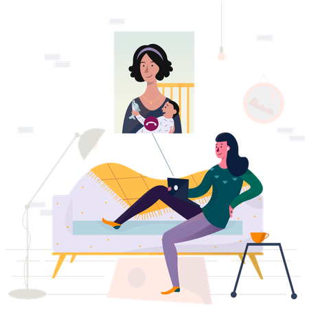 Woman communicating remotely through video call  Illustration