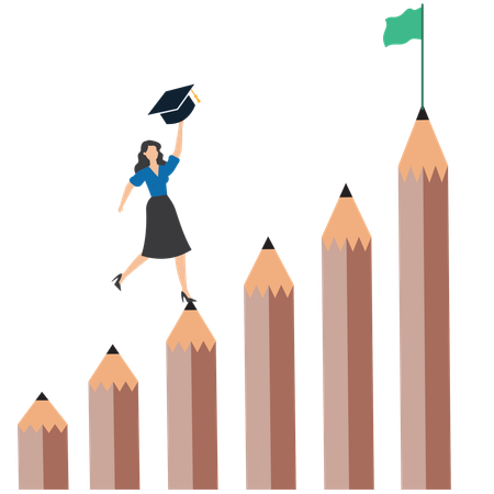 Woman crosses pole from pencil to educational success  Illustration