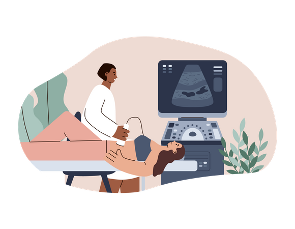 Woman doctor character making abdominal ultrasound for young girl  Illustration