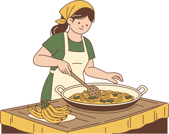Woman Frying Bananas in Large Pan  Illustration