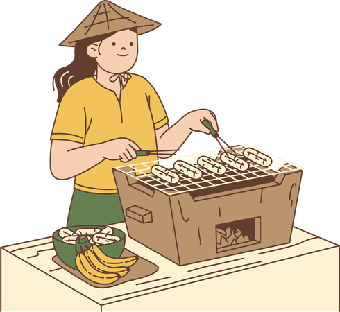 Woman Grilling Bananas on Charcoal Stove  Illustration