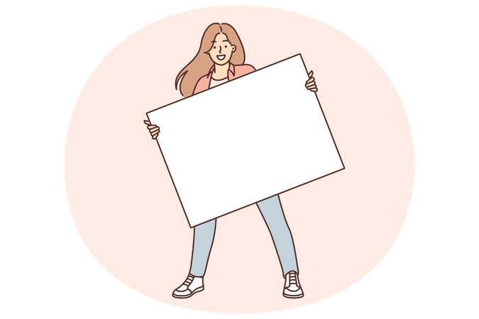 Woman holding blank banner for applying advertising logo  Illustration