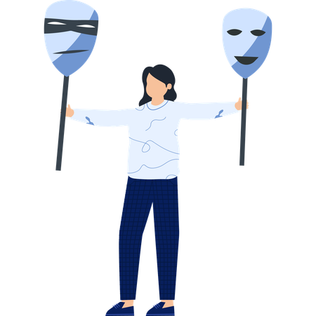 Woman Holding Masks Depicting Emotions Identity and Expression  Illustration
