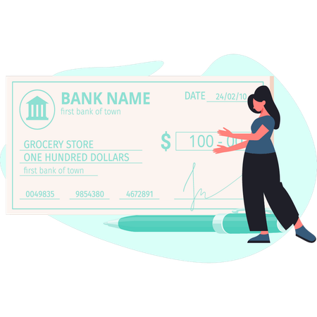 Woman is presenting bank check  Illustration