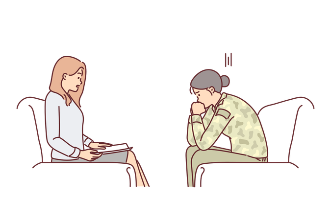 Woman military soldier with psychologist helping to get rid psychological problems received in army  Illustration