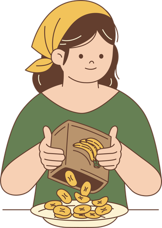 Woman Pouring Banana Chips into Plate  Illustration