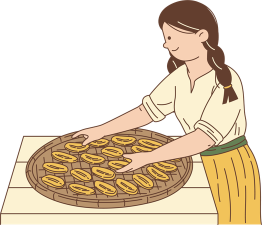 Woman Preparing Dried Bananas for Food Preservation  Illustration