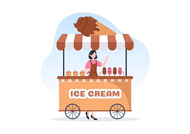 Woman selling ice cream on Ice Cream Stoll  Illustration