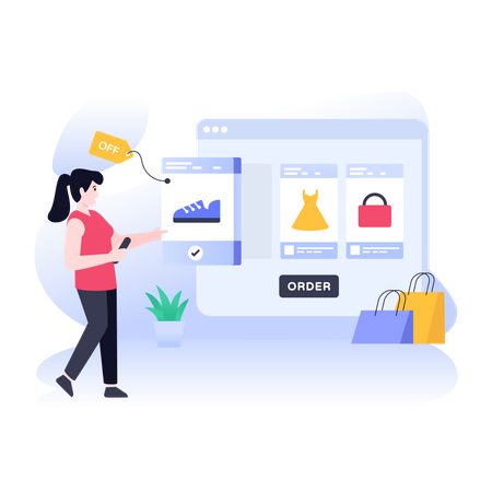 Woman shopping for shoes online on e-commerce website Illustration