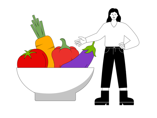 Woman shows vegetable bowl  Illustration