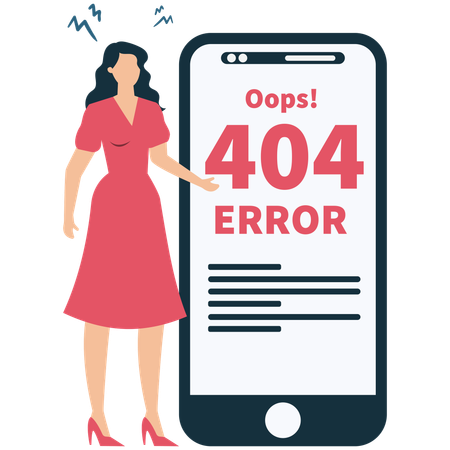 Woman standing next to a mobile phone with  404 error message  Illustration