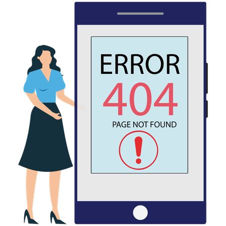 Woman standing next to a mobile phone with a 404 error message  Illustration
