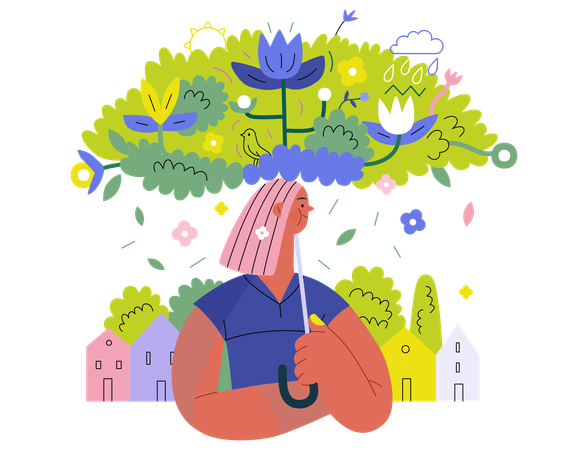 Woman under green lush umbrella of plants and flowers  Illustration