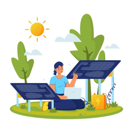 Woman using Solar panel energy  Illustration