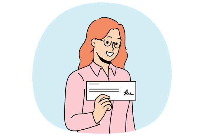 Woman with paycheck in hand smiles demonstrating financial document confirming receipt of salary  Illustration
