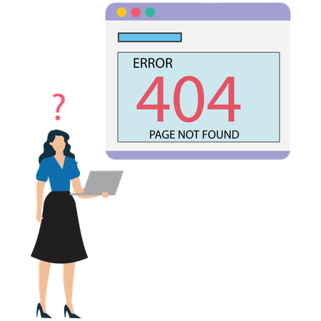Woman worried about 404 error on website page  Illustration