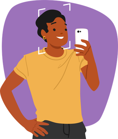 Young guy looking at mobile screen using face ID verification technology  Illustration